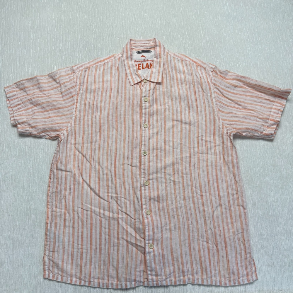 Tommy Bahama 100% Linen Relaxed Button Up Shirt Mens Large Peach Beach Resort
